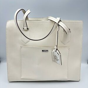 Lauren Ralph Lauren White Leather Tote Handbag Dbl Strap Pockets Preowned EUC